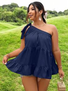 Calvaya Plus One Shoulder Knot Shoulder Ruffle Hem Blouse - Navy Blue - View 4