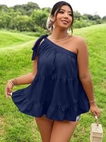 Calvaya Plus One Shoulder Knot Shoulder Ruffle Hem Blouse - Navy Blue - View 5