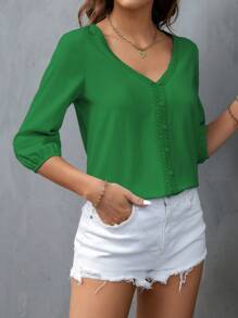 SHEIN Privé Chèn ren Guipure Tay áo lồng đèn Áo sơ mi - màu xanh lá - Xem 4