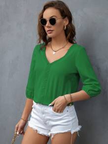 SHEIN Privé Chèn ren Guipure Tay áo lồng đèn Áo sơ mi - màu xanh lá - Xem 6
