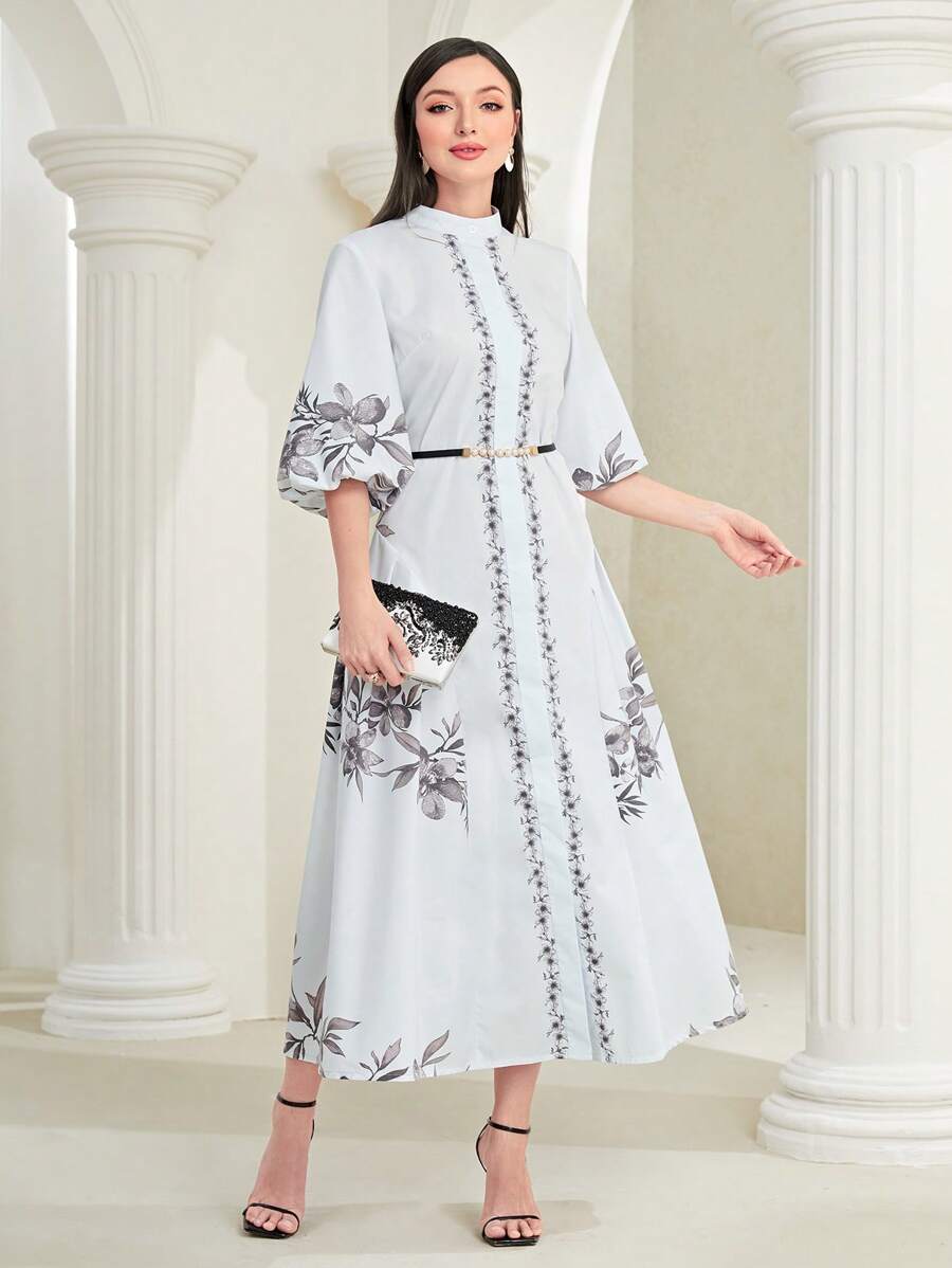 Mulvari Floral Print Lantern Sleeve Dress Without Belt