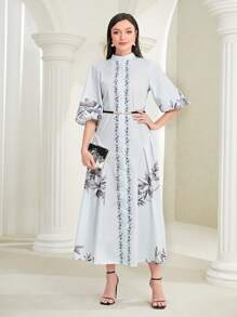 Mulvari Floral Print Lantern Sleeve Dress Without Belt