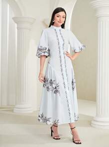 Mulvari Floral Print Lantern Sleeve Dress Without Belt