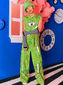 SHEIN X The Future X TIMPHOENIX 男士滿版印花翻蓋口袋帶扣細節工裝褲 - 彩色 - 查看 3