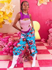 SHEIN X The Future X Spagnelli Designer Women Allover Print Drawstring Hem Pants, For Summer, Holiday, Thanksgiving, Festival