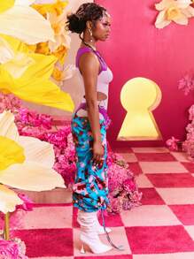 SHEIN X The Future X Spagnelli Designer Women Allover Print Drawstring Hem Pants, For Summer, Holiday, Thanksgiving, Festival