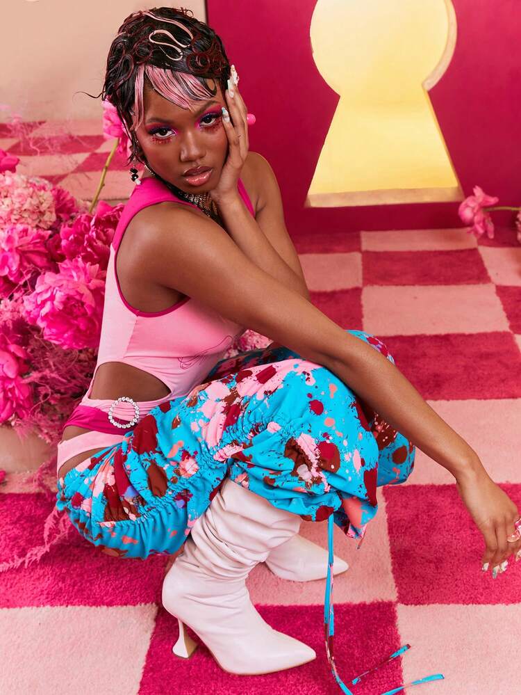 SHEIN X The Future X Spagnelli 设计师女士蝴蝶印花镂空紧身衣，适合夏季、假日、感恩节、节日 - 彩色 - 查看 4