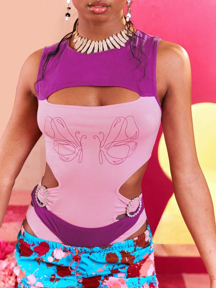 Designer Women Butterfly Print Cut Out Bodysuit, For Summer, Holiday, Thanksgiving, Festival