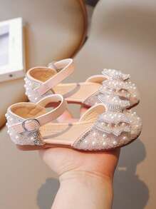 Children Girls' Flat Shoes With Bowknot Decoration And Ankle Strap - Pink - View 1