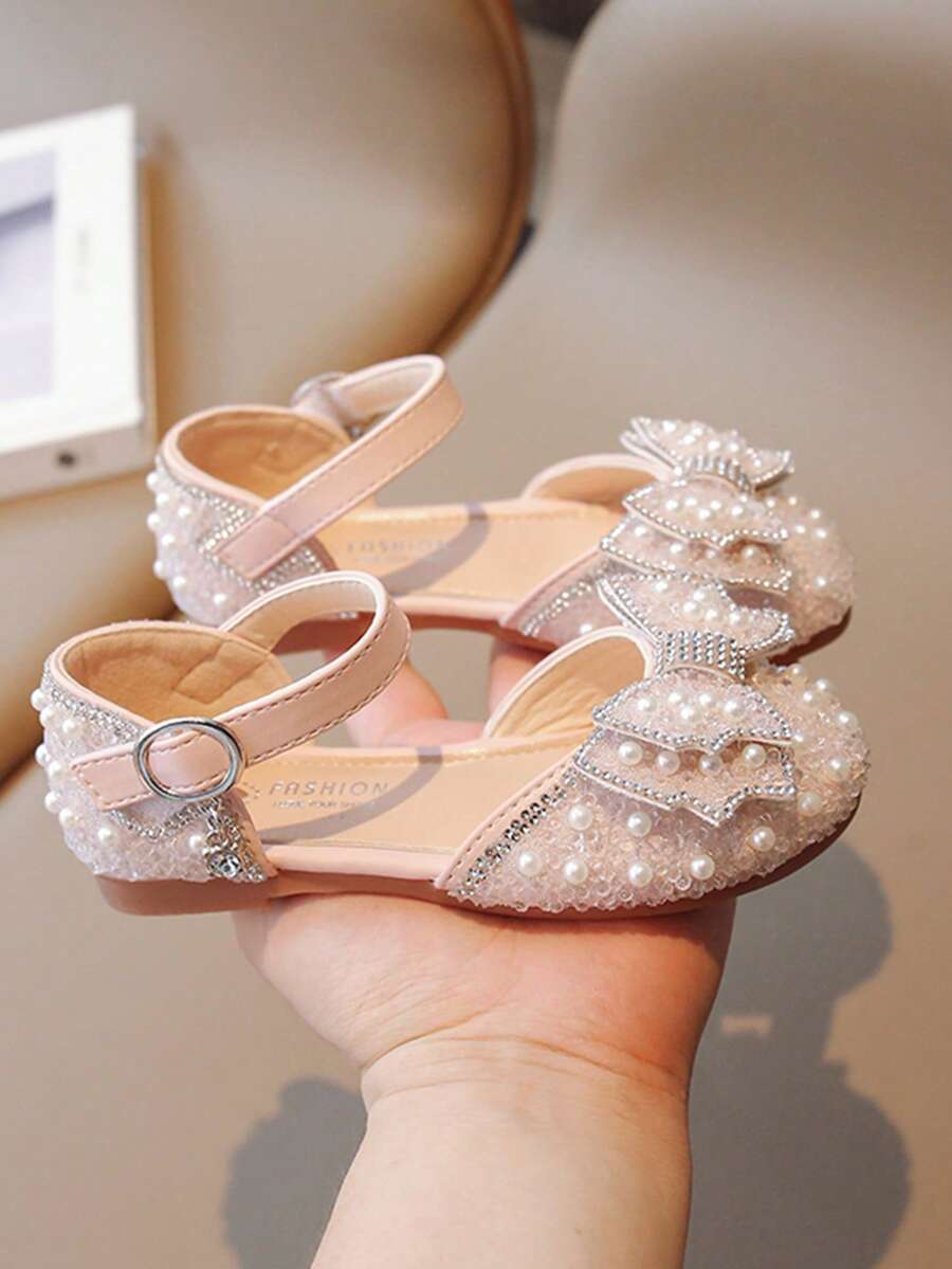 Children Girls' Flat Shoes With Bowknot Decoration And Ankle Strap - Pink - View 1