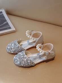 Girls' Glitter Detail Ankle Strap Ballerina Flat Shoes - Silver - View 1