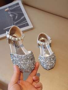 Girls' Glitter Detail Ankle Strap Ballerina Flat Shoes - Silver - View 2