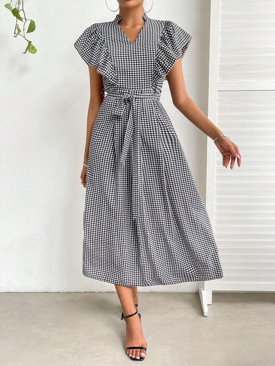 SHEIN Privé Gingham Print Ruffle Trim Belted Dress