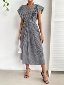 SHEIN Privé Gingham Print Ruffle Trim Belted Dress