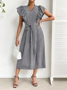 SHEIN Privé Gingham Print Ruffle Trim Belted Dress