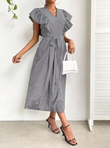 SHEIN Privé Gingham Print Ruffle Trim Belted Dress