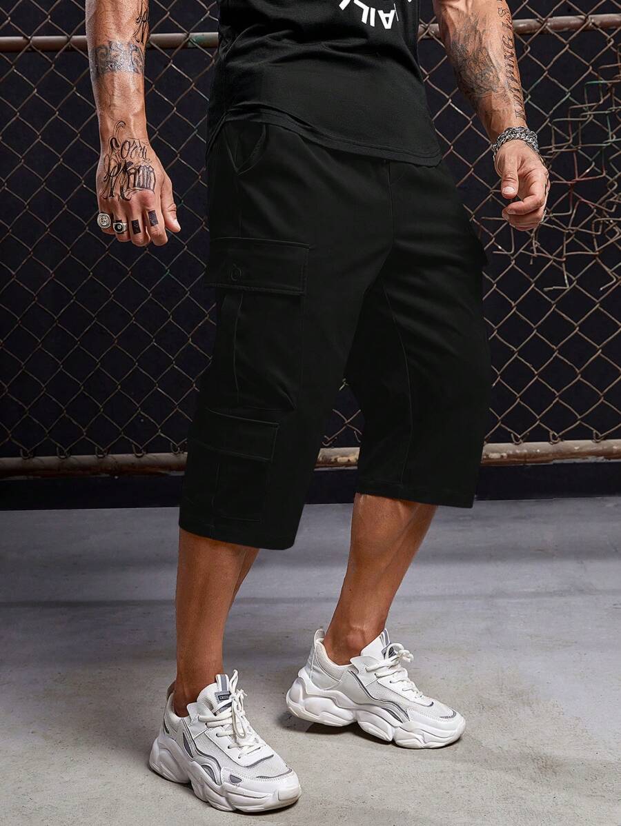 GENTILAND Men Flap Pocket Side Cargo Trousers - Black - View 1