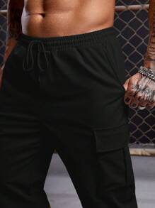 GENTILAND Men Flap Pocket Side Cargo Trousers - Black - View 4