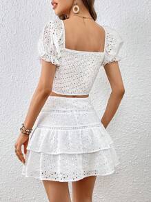 SHEIN VCAY Eyelet Embroidery Ruched Bust Crop Top & Ruffle Hem Skirt - White - View 2
