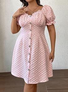 SHEIN Qutie 大碼提花前紐扣褶邊洋裝 - 粉色 - 查看 5