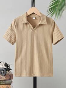 SHEIN Tween Boy Solid Ribbed Knit Polo Shirt - Khaki - View 1