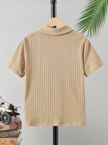 SHEIN Tween Boy Solid Ribbed Knit Polo Shirt - Khaki - View 2