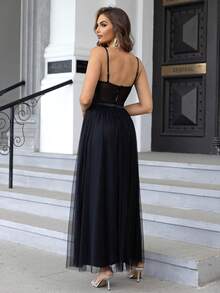 Joyfunear Contrast Mesh Split Thigh Cami Dress Black Summer Party Elegant - Black - View 2
