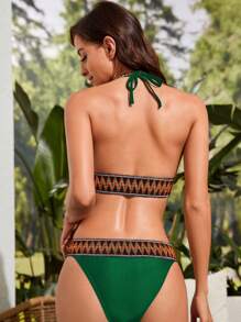 SHEIN Swim Summer Beach Chevron Print Tape Halter Triangle Bikini Set - Dark Green - View 2