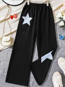 SHEIN 女大童星星印花彈性腰帶長褲 - 黑色 - 查看 1