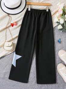 SHEIN 女大童星星印花彈性腰帶長褲 - 黑色 - 查看 2