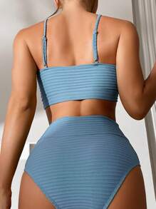 SHEIN Swim Summer Beach Twist Front High Waisted Bikini Set - Blue - View 2