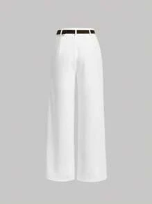 SHEIN MOD 高腰 腰部褶皱 褶皱细节 直腿 系腰带 连衣裙 裤子 配腰带 - 白色 - 查看 2