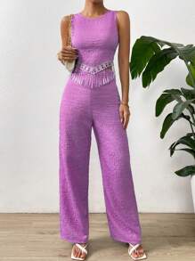 SHEIN VCAY 素色背心上衣&闊腿褲 - 紫色 - 查看 1