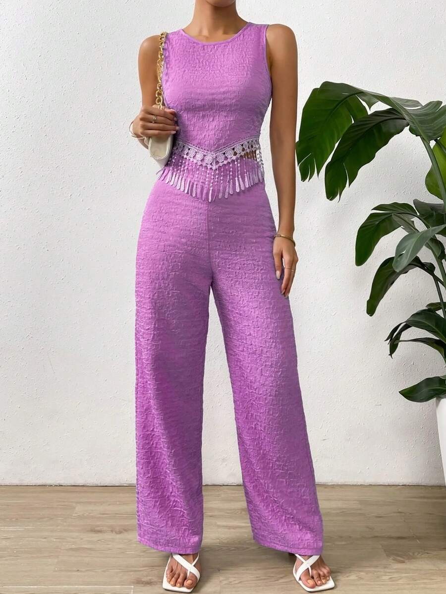 SHEIN VCAY 素色背心上衣&闊腿褲 - 紫色 - 查看 1