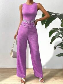 SHEIN VCAY 素色背心上衣&闊腿褲 - 紫色 - 查看 3