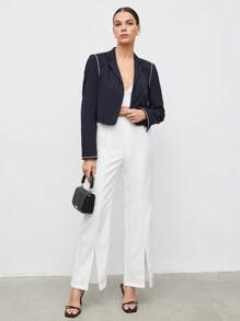 BizChic Lapel Neck Contrast Binding Crop Blazer - Navy Blue - View 3