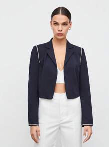 BizChic Lapel Neck Contrast Binding Crop Blazer - Navy Blue - View 4