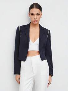 BizChic Lapel Neck Contrast Binding Crop Blazer - Navy Blue - View 5