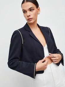BizChic Lapel Neck Contrast Binding Crop Blazer - Navy Blue - View 7
