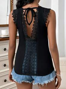 SHEIN Essnce 鏤空蕾絲花邊背心上衣 - 黑色 - 查看 2
