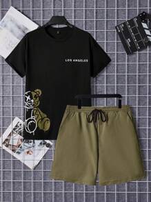 Manfinity VCAY Men Plus Bear & Letter Graphic Tee & Drawstring Waist Shorts - Army Green - View 1