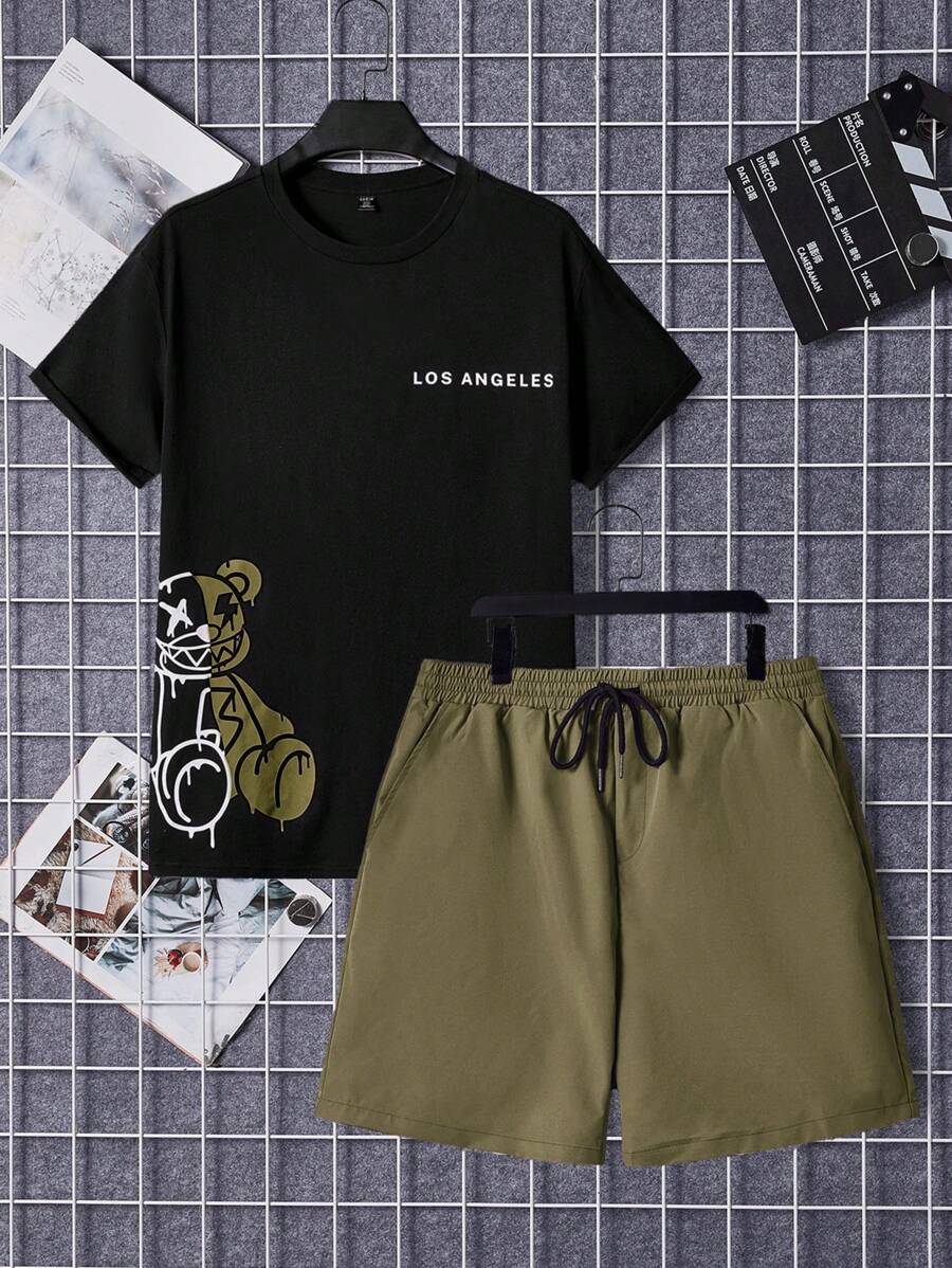 Manfinity VCAY Men Plus Bear & Letter Graphic Tee & Drawstring Waist Shorts - Army Green - View 1