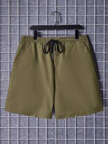Manfinity VCAY Men Plus Bear & Letter Graphic Tee & Drawstring Waist Shorts - Army Green - View 6