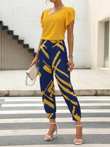 SHEIN LUNE 花瓣袖襯衫&幾何印花長褲 - 彩色 - 查看 3