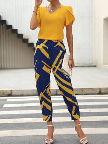 SHEIN LUNE 花瓣袖襯衫&幾何印花長褲 - 彩色 - 查看 4