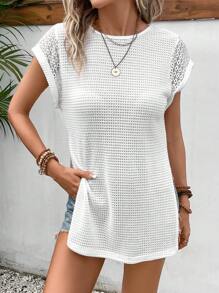 SHEIN Frenchy 素色下擺開叉T恤 - 白色 - 查看 1