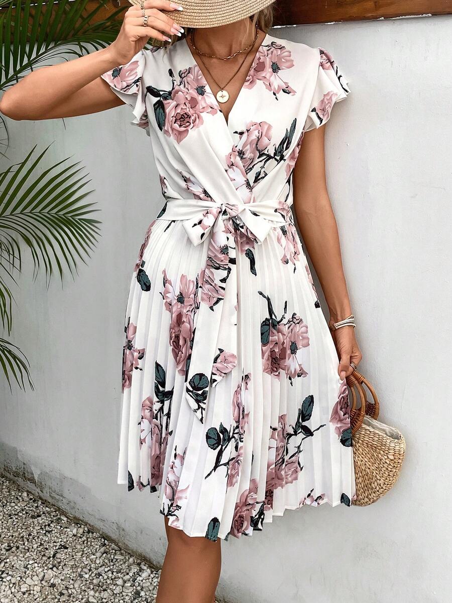 SHEIN Frenchy Floral Print Butterfly Sleeve Pleated Hem Belted Dress Summer Flower White Beach - White - View 1