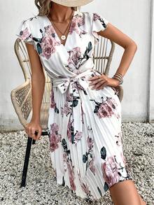 SHEIN Frenchy Floral Print Butterfly Sleeve Pleated Hem Belted Dress Summer Flower White Beach - White - View 3