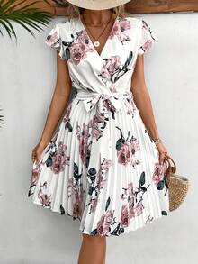 SHEIN Frenchy Floral Print Butterfly Sleeve Pleated Hem Belted Dress Summer Flower White Beach - White - View 4