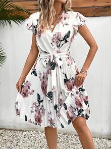 SHEIN Frenchy Floral Print Butterfly Sleeve Pleated Hem Belted Dress Summer Flower White Beach - White - View 5